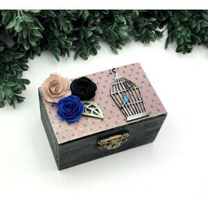 Decorative Wooden Trinket Box With Paper Roses & Birdcage Accents